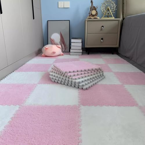 Zeyeo 80 Stück Ineinander Greifende Plüsch-Fußmatten Aus Schaumstoff Mit Rand, 12 X 12 Zoll, 0,4 Zoll, Weiche Quadratische Fliesen Für Die Heimdekoration(Pink White) von Zeyeo