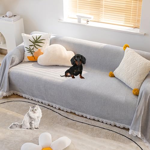 Zeyeo Chenille-Sofabezug Mit Spitze, rutschfest, Für 2–4 Kissensofas Und Als Schutz Für Haustiere(Grey,180 * 380cm/71 * 150in) von Zeyeo