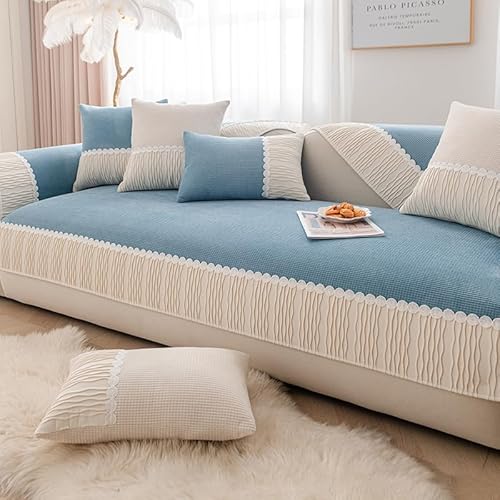 Zeyeo Cremefarbener Sofabezug Aus Cord Im Patchwork-Stil Für L-förmige Sofas, Rutschfester Und Kratzfester Schutz Für Haustiere(Blue,70 * 120cm/27.6 * 47in) von Zeyeo