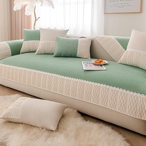Zeyeo Cremefarbener Sofabezug Aus Cord Im Patchwork-Stil Für L-förmige Sofas, Rutschfester Und Kratzfester Schutz Für Haustiere(Green,70 * 90cm/27.6 * 35.4in) von Zeyeo