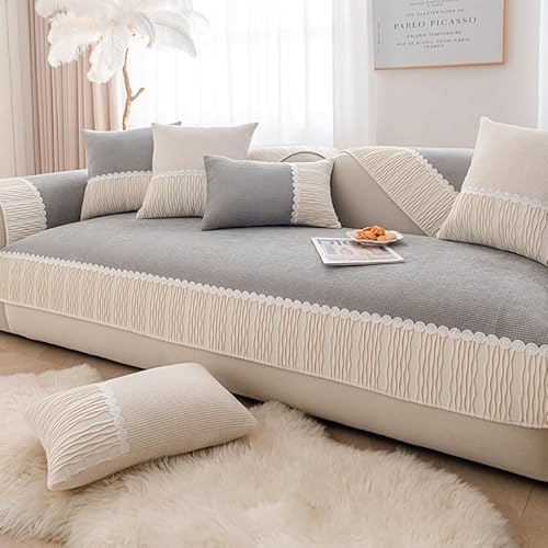 Zeyeo Cremefarbener Sofabezug Aus Cord Im Patchwork-Stil Für L-förmige Sofas, Rutschfester Und Kratzfester Schutz Für Haustiere(Grey,90 * 90cm/35.4 * 35.4in) von Zeyeo