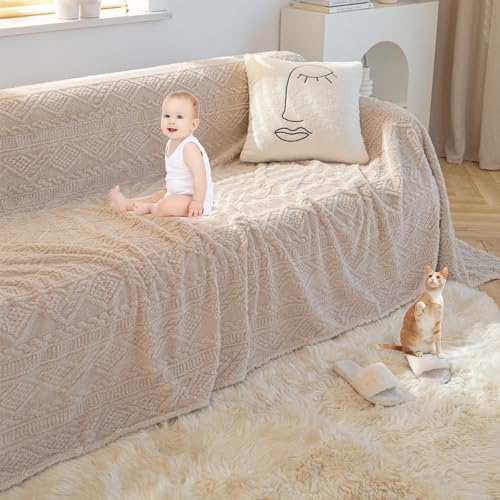 Zeyeo Jacquard-Plüsch-Sofabezug – Extragroß Für 3-Kissen-Sofas In L-/U-Form, Haustierfreundlicher Schutz(Khaki,180 * 320cm/71 * 126in) von Zeyeo