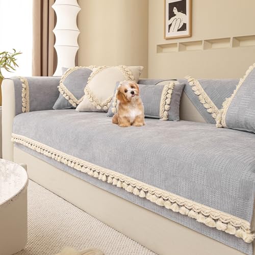 Zeyeo Minimalistischer Sofabezug Aus Chenille Mit Fransen In Volltonfarbe, Verdickter, Rutschfester, Waschbarer Schutz Für Hunde Und Katzen(Grey,70 * 90cm/27.6 * 35.4in) von Zeyeo