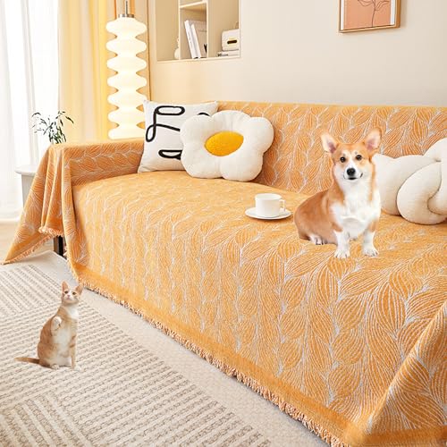 Zeyeo Moderner Minimalistischer Chenille-Sofabezug – Jacquard-Schonbezug Mit Blattmuster Für 2-/3-/4-Sitzer-Sofas/Sofagarnituren, Haustierfreundlicher Schutz(Orange,180 * 200cm/71 * 79in) von Zeyeo