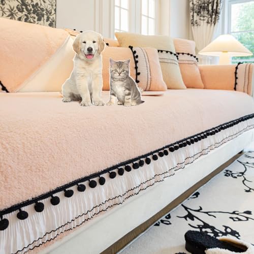 Zeyeo Plüsch-Sofabezug Mit Spitze, Einfarbig, rutschfest, Waschbar, Für 3-Sitzer-Couch In L-Form, Haustierfreundlich(Pink,70 * 70cm/27.6 * 27.6in) von Zeyeo