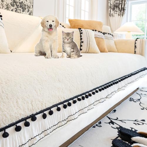 Zeyeo Plüsch-Sofabezug Mit Spitze, Einfarbig, rutschfest, Waschbar, Haustierfreundlich, Für 3-Kissen-Sofas In L-Form, 3 Sitze(Beige,70 * 210cm/27.6 * 82.7in) von Zeyeo