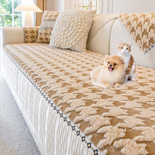 Zeyeo Plüsch-Sofabezug – Modernes Patchwork-Design Für Sofas Mit 2/3/4 Kissen/L-Form, Rutschfester, Waschbarer Und Hundefreundlicher Bezug(Khaki,90 * 240cm/35.4 * 94.5in) von Zeyeo