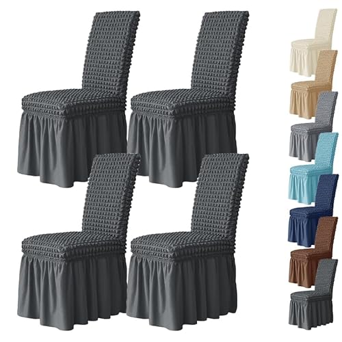 Zeyeo Popcorn-Stuhlhussen Mit Rock – Dehnbare, Waschbare Stuhlhussen Für Esszimmerstühle Für Zuhause, Partys Und Hochzeiten(Dgray 4pcs) von Zeyeo