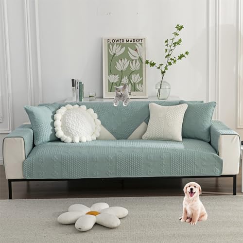 Zeyeo Rutschfester Sofabezug Aus Gewaschener Baumwolle Für 3-Kissen-Sofas, Moderner, Einfarbiger, Weicher Schonbezug Für Haustiere(Green,110 * 240cm/43 * 94.5in) von Zeyeo