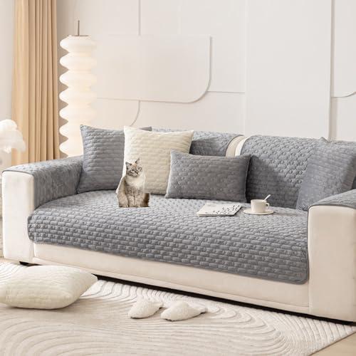 Zeyeo Samtiger, Rustikaler, Einfarbiger, Kratzfester Sofabezug, Waschbarer, Rutschfester Schutz Für L-förmige 2-4-Sitzer, Hunde(Grey,110 * 180cm/43 * 71in) von Zeyeo