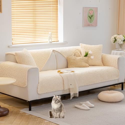 Zeyeo Sherpa-Sofa-Schonbezug, Verdickter, Weicher Plüsch, rutschfest, Waschbar, Für 2–4 Kissen, L-förmige Sofas, Hundefreundlich(Beige,110 * 160cm/43 * 63in) von Zeyeo