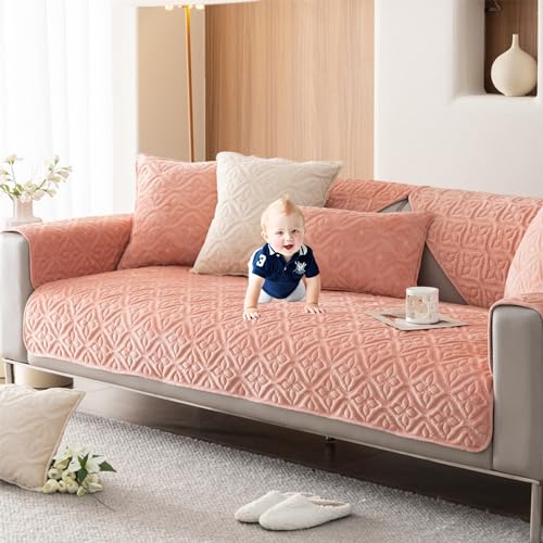 Zeyeo Sofabezüge Aus Jacquard-Samt Mit Blumenmuster – rutschfeste, Waschbare Schonbezüge Für Sofas Mit 2/3/4 Kissen In L-Form, Einfarbig(Pink,110 * 240cm) von Zeyeo