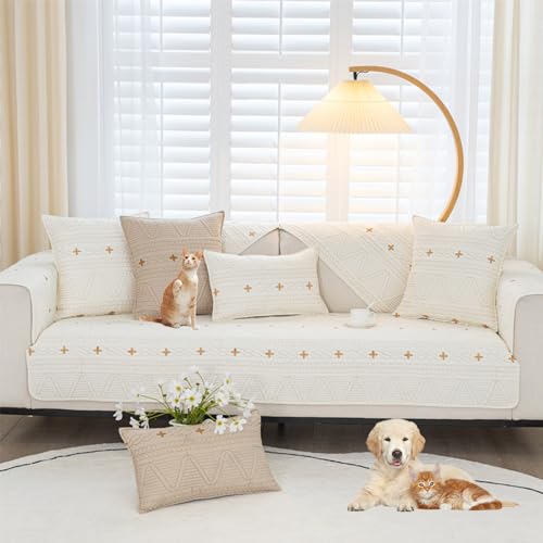 Zeyeo Sofabezug Aus Baumwolle Mit Kreuzstickerei, 2–4 Sitze, Elegant, Für Alle Jahreszeiten, rutschfest, Für Haustiere(Beige,110 * 210cm/43 * 83in) von Zeyeo