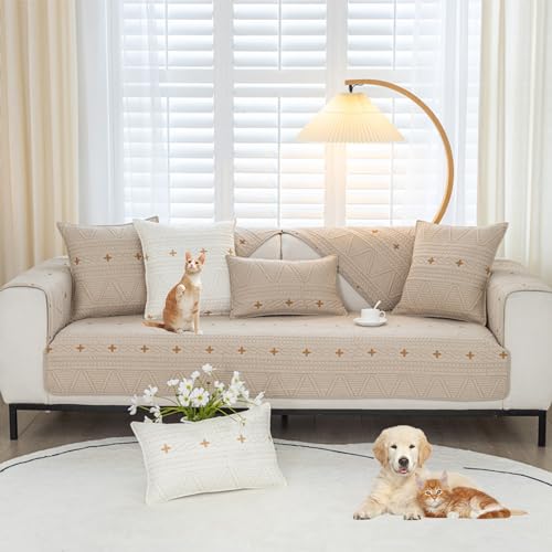 Zeyeo Sofabezug Aus Baumwolle Mit Kreuzstickerei Für 2-/3-/4-Sitzer, Sektionalsofa – rutschfest, Waschbar, Ganzjahresschutz(Khaki,70 * 150cm/27.6 * 59in) von Zeyeo