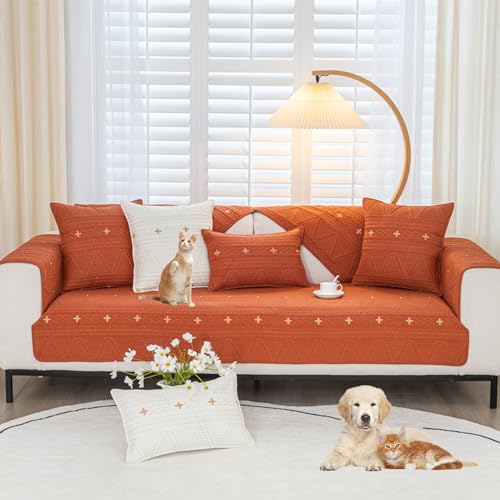 Zeyeo Sofabezug Aus Baumwolle Mit Kreuzstickerei Für 2-/3-/4-Sitzer, Sektionalsofa – rutschfest, Waschbar, Ganzjahresschutz(Orange,110 * 180cm/43 * 71in) von Zeyeo
