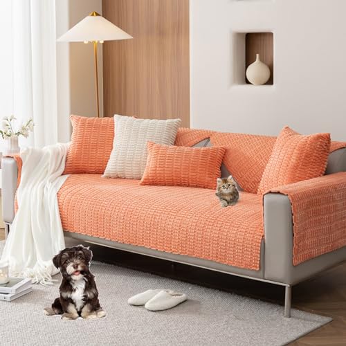 Zeyeo Sofabezug Aus Cord-Plüsch – Verdickter, Rutschfester 1-3-Sitzer Für Sofas Mit 3 Kissen, Hundefreundlich Und Waschbar(Orange,90 * 180cm/35.4 * 71in) von Zeyeo