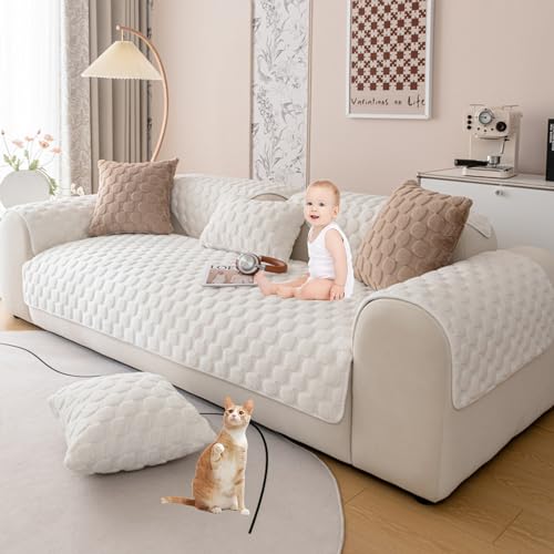 Zeyeo Sofabezug Aus Kaninchenfellimitat In L-Form – Weicher, Flauschiger Schonbezug In Volltonfarbe, Rutschfester Schutz Für Haustiere(White,110 * 180cm/43 * 71in) von Zeyeo