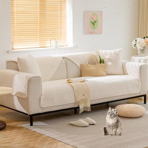 Zeyeo Sofabezug Aus Plüsch In Rosenoptik – Weicher, Kratzfester L-förmiger Schonbezug Für 3-Kissen-Sofas – Waschbar Und rutschfest(White,110 * 180cm/43 * 71in) von Zeyeo