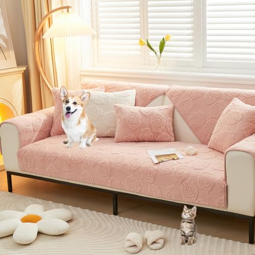 Zeyeo Sofabezug Aus Plüsch Mit Rosen-Jacquardmuster, rutschfest, L-Form, 3/2/1/4-Sitzer, Waschbar, Haustierschutz(Pink,Pillowcase30*50cm) von Zeyeo
