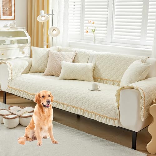 Zeyeo Sofabezug Aus Samt Mit Spitze – Rutschfester Schonbezug Im Landhausstil, Einfarbig, Für Sofas Mit 2/3/4 Kissen(Beigea,70 * 120cm/27.6 * 47in) von Zeyeo