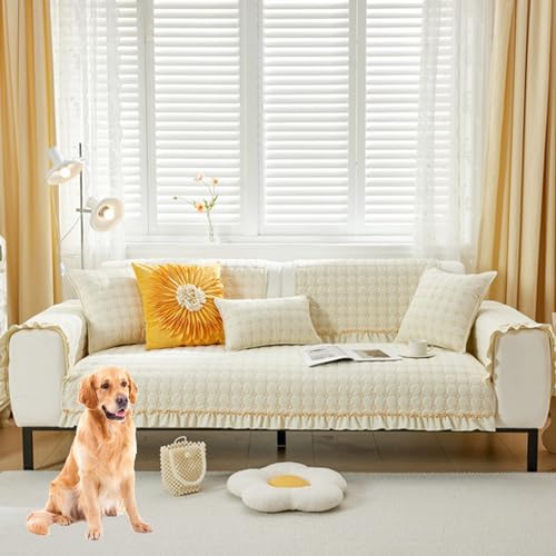 Zeyeo Sofabezug Aus Samt Mit Spitze – Rutschfester Schonbezug Im Landhausstil, Einfarbig, Für Sofas Mit 2/3/4 Kissen(Beigeb,70 * 180cm/27.6 * 71in) von Zeyeo