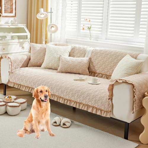 Zeyeo Sofabezug Aus Samt Mit Spitze – Rutschfester Schonbezug Im Landhausstil, Einfarbig, Für Sofas Mit 2/3/4 Kissen(Currya,70 * 210cm/27.6 * 82.7in) von Zeyeo