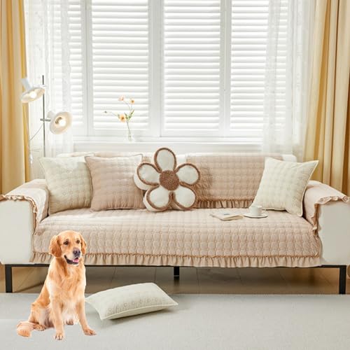 Zeyeo Sofabezug Aus Samt Mit Spitze – Rutschfester Schonbezug Im Landhausstil, Einfarbig, Für Sofas Mit 2/3/4 Kissen(Curryb,70 * 210cm/27.6 * 82.7in) von Zeyeo