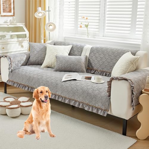 Zeyeo Sofabezug Aus Samt Mit Spitze – Rutschfester Schonbezug Im Landhausstil, Einfarbig, Für Sofas Mit 2/3/4 Kissen(Graya,90 * 120cm/35.4 * 47in) von Zeyeo