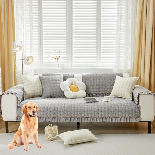 Zeyeo Sofabezug Aus Samt Mit Spitze – Rutschfester Schonbezug Im Landhausstil, Einfarbig, Für Sofas Mit 2/3/4 Kissen(Grayb,70 * 70cm/27.6 * 27.6in) von Zeyeo