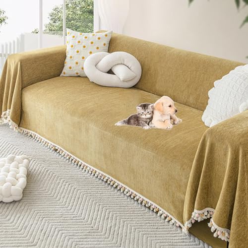 Zeyeo Sofabezug Mit Chenille-Fransen, Einfarbig, rutschfest, Für Sofa/Futon Mit 2–3 Kissen, Hundeschutz(Yellow,180 * 360cm/71 * 142in) von Zeyeo