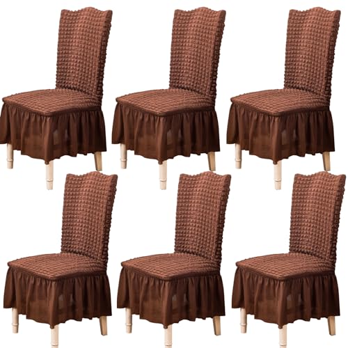 Zeyeo Stuhlhussen Aus Seersucker Für Esszimmerstühle, 2er-/4er-/6er-Set, Stretch-Schonbezüge Mit Rock Für Party-Esszimmer(Brown,Set of 6) von Zeyeo