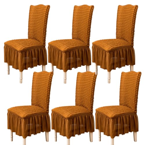 Zeyeo Stuhlhussen Aus Seersucker Für Esszimmerstühle, 2er-/4er-/6er-Set, Stretch-Schonbezüge Mit Rock Für Party-Esszimmer(Mustard Yellow,Set of 6) von Zeyeo
