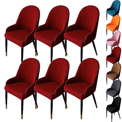 Zeyeo Stuhlhussen Mit Gebogener Rückenlehne, 1er-/2er-/4er-/6er-Set – Verdickter Jacquard-Stretch-Schonbezug Für Esszimmer-/Küchen-/Hoteldrehstühle(Red 6pcs) von Zeyeo