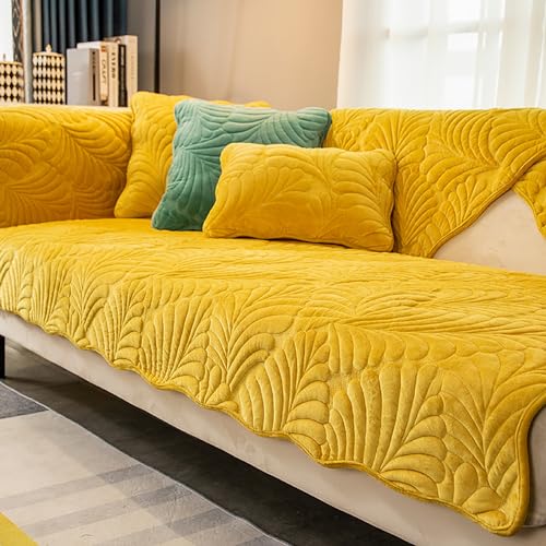 Zeyeo Verdickter Plüsch-Sofabezug Mit 3D-Blattstruktur – Weicher, Warmer Schonbezug Für 3-Kissen-Sofa(Yellow,110 * 210cm/43 * 83in) von Zeyeo