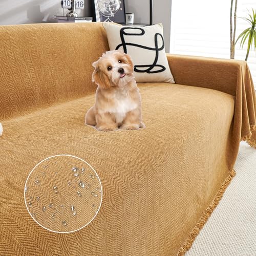 Zeyeo Wasserdichter Chenille-Sofabezug Mit Fransen Für 3-Kissen-L-förmige Couch, Haustierschutz(Yellow,180 * 230cm/71 * 90.5in) von Zeyeo