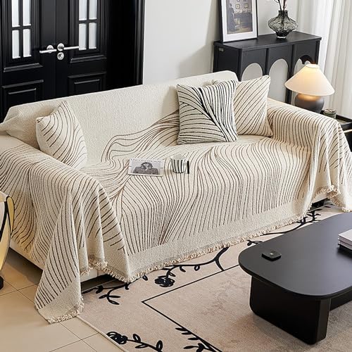 Zeyeo Wendbarer Sofabezug Aus Chenille Mit Modernem Liniendesign, rutschfest, Für 2–4 Kissen Mit Kopfkissen, Für Alle Jahreszeiten(Khaki,180 * 300cm/71 * 118in) von Zeyeo