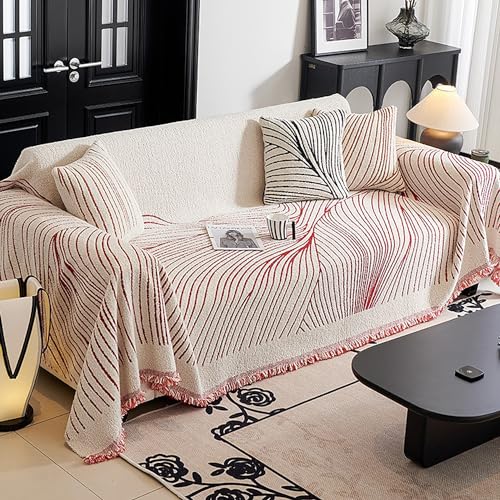 Zeyeo Wendbarer Sofabezug Aus Chenille Mit Modernem Liniendesign, rutschfest, Für 2–4 Kissen Mit Kopfkissen, Für Alle Jahreszeiten(Red,180 * 230cm/71 * 90.5in) von Zeyeo