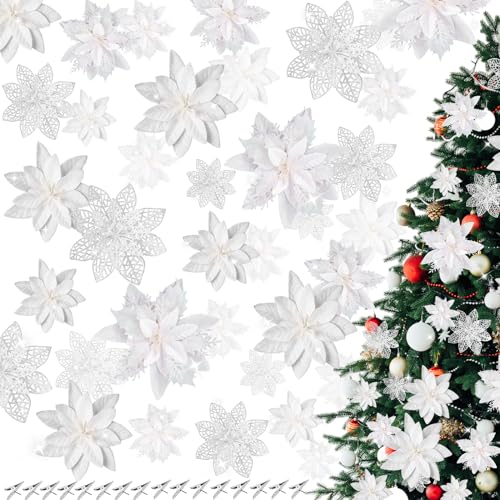 Zeyune 36 Stück glitzernde Weihnachtssterne künstliche Blumen Weihnachten mit Clips, verschiedene Größen, Weihnachtsbaumschmuck für Weihnachten, Urlaub, saisonale Hochzeit (weiß) von Zeyune