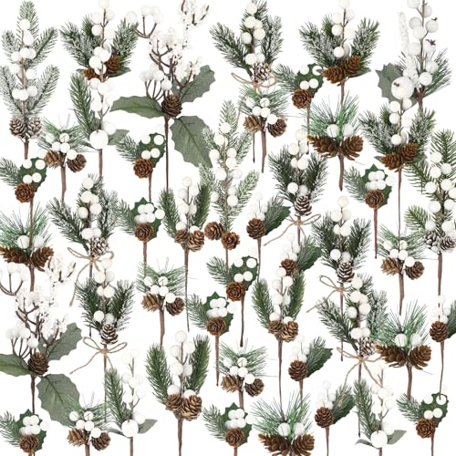 Zeyune 50 Stück Weihnachtsblumen-Picker, künstliche Schneebeeren, Stiele, kleine künstliche Zedernholz, Tannennadeln, Zweig mit Tannenzapfen für Blumenarrangement, Kranz, Girlande, Grün (weiß) von Zeyune
