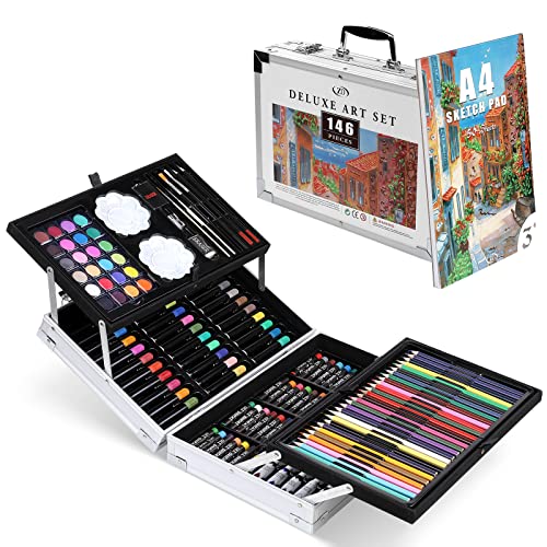 Zezirdas 146 teilig Malset, für Kinde & Deluxe Aluminium Box mit Buntstifte, Marker, Acrylfarben, Wachsmalstifte, HB-Stifte, Aquarellkuchen, Pinsel, Skizzenblock für Kinder Anfänger Tolles von Zezirdas