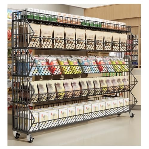 Zfmnoyev Bodenstehender Snack-Präsentationsständer, Stapelbarer Drahtkorbwagen Mit Rädern, Robustes Supermarktregal, Rollbarer Regalständer Für Süßwaren Und Kartoffelchips(Schwarz,90x45x80cm) von Zfmnoyev