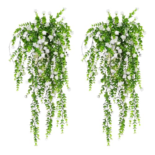 Zfseyuh 2 Stück Kunstpflanzen Hängend Künstliche Hängepflanzen Wie Echt Weiß Kunstblumen Hängend für Wanddekoration Indoor Outdoor Balkon Hausgarten von Zfseyuh