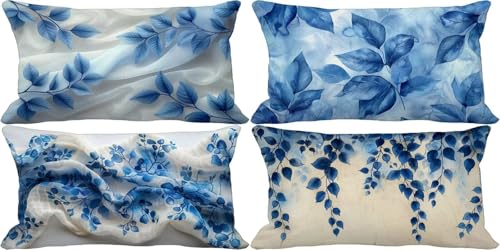 Blau Kissenbezug 40x70 4er Set Outdoor Kissen Wasserfest Leinen Sofakissen Blatt Zierkissenbezüge mit Verdeckter Reißverschluss für Terrasse Garten Bank Schlafzimmer Deko Wohnzimmer Geschenke 35q-1 von Zgcoyeo
