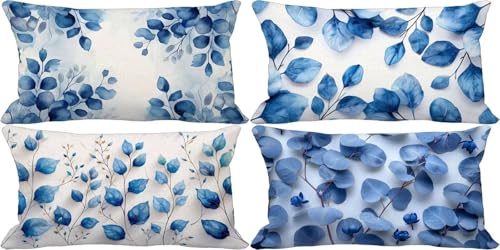 Blau Kissenbezug 50x80 4er Set Outdoor Kissen Wasserfest Leinen Sofakissen Blatt Zierkissenbezüge mit Verdeckter Reißverschluss für Terrasse Garten Bank Schlafzimmer Deko Wohnzimmer Geschenke 28c-S von Zgcoyeo