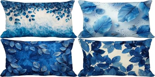 Blau Kissenbezug 50x80 4er Set Outdoor Kissen Wasserfest Leinen Sofakissen Blatt Zierkissenbezüge mit Verdeckter Reißverschluss für Terrasse Garten Bank Schlafzimmer Deko Wohnzimmer Geschenke 28e-G von Zgcoyeo