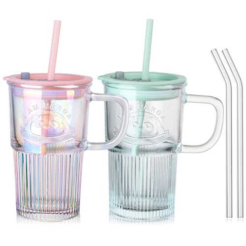 ZgoEC Trinkbecher mit Deckel und Strohhalm 2er, 420ml, Auslaufsicher Trinkglas mit Henkel, Eiskaffee Becher Cappuccino Latte Macchiato Gläser, Gläser mit Deckel und Strohhalm, Tumbler für Kaffee Tee von ZgoEC