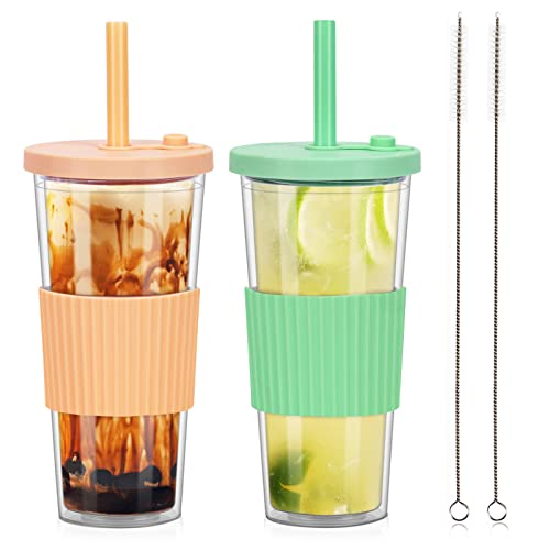 ZgoEC 24oz Boba Becher mit Deckel und Strohhalm, Bubble Tea Becher mit Strohhalm, BPA Frei Doppelwandig Isoliert Plastikbecher, 2er Trinkbecher mit Strohhalm, Mehrweg Eiskaffee Becher Tumbler Cup von ZgoEC