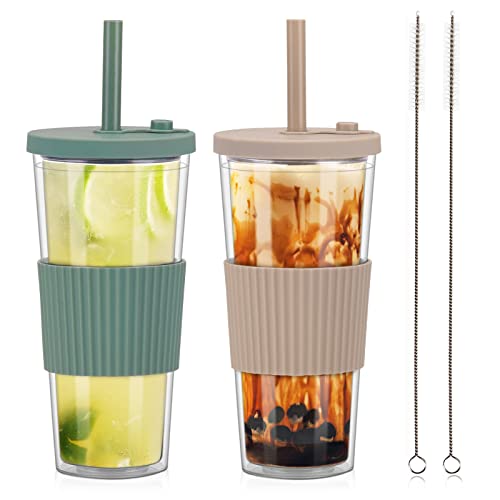 ZgoEC 2pcs Bubble Tea Becher mit Deckel und Strohhalm, Boba Becher Trinkbecher mit Strohhlam, 24oz Doppelwandig Isoliert Plastikbecher, Wiederverwendbare Tumbler Becher für Kaffee Saft Geschenk von ZgoEC