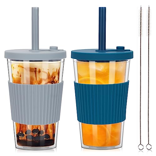 ZgoEC 500ml Bubble Tea Becher mit Deckel und Strohhalm, 2 Stück Smoothie Becher Plastik Boba Becher, Mehrweg Trinkbecher Tumbler Doppelwandig Isoliert, Auslaufsciher Becher für Boba Eiskaffee von ZgoEC