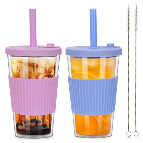 ZgoEC 500ml Bubble Tea Becher mit Strohhalm, 2er Set Mehrweg Plastikbecher Smoothie Becher, Doppelwandig Isoliert Trinkbecher mit Deckel und Strohhalm, Auslaufsicher Tumbler Cup für Tee Eiskaffee von ZgoEC